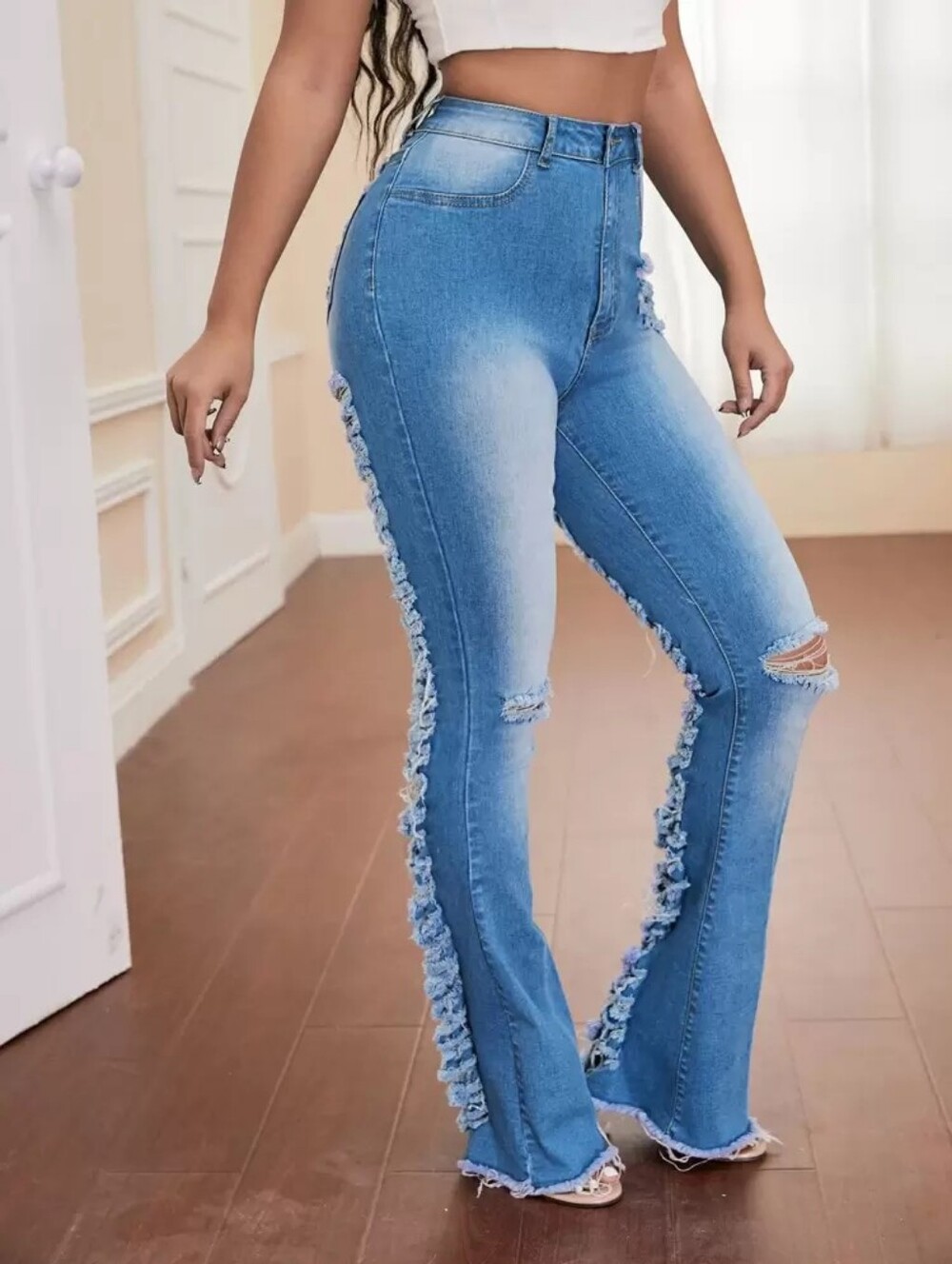 Ripped Light Wash Distressed Flared Jeans. NWT Size 28 - Picture 3 of 9